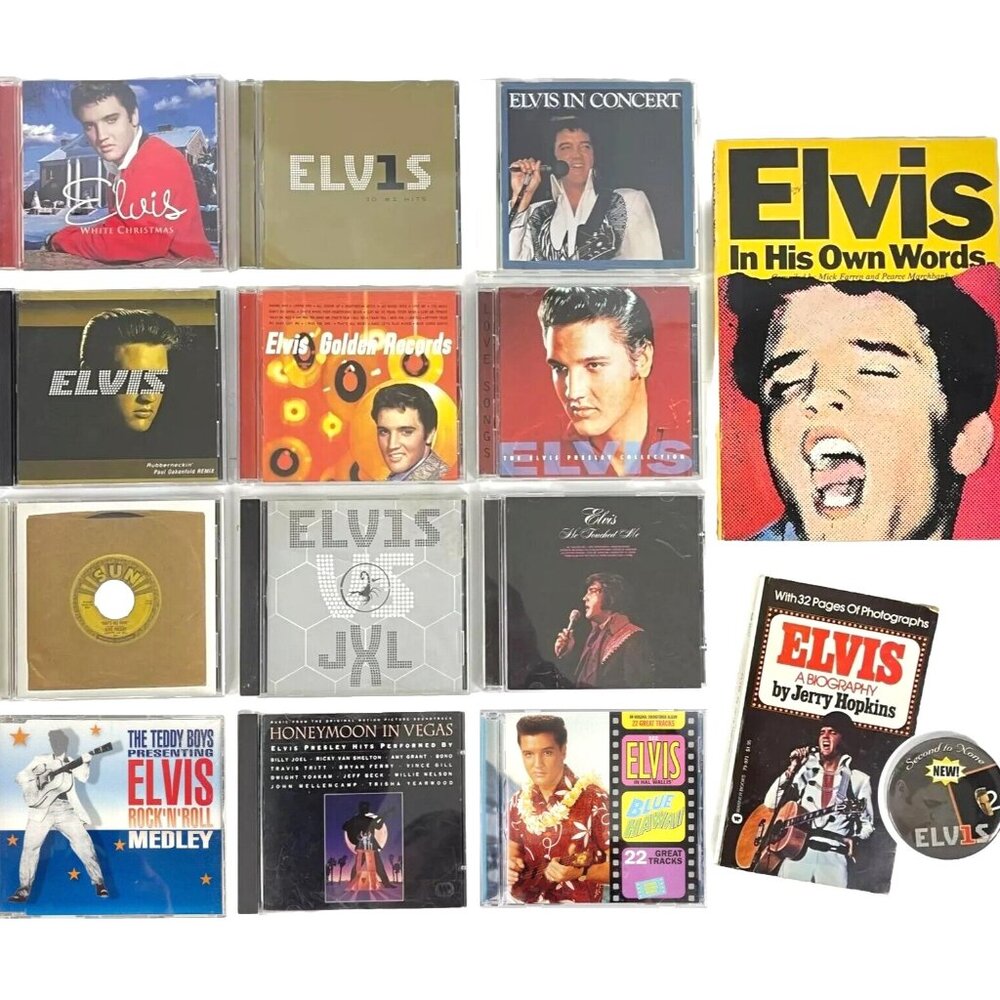 Elvis Presley 15 Item Bundle CDs Bio Books Button Own Words Hits Remixes Concert